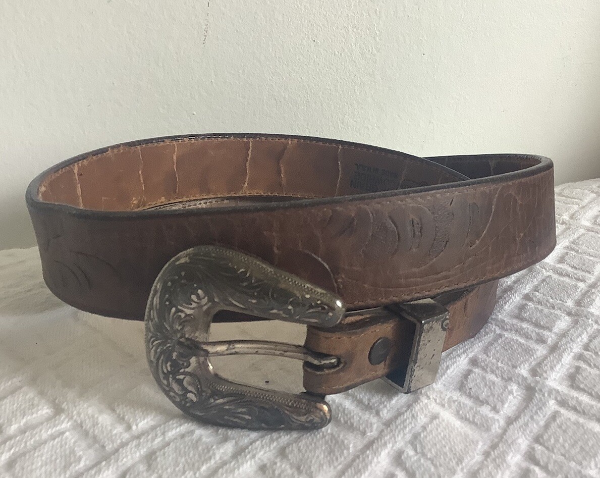 JUSTIN Women's Genuine Leather Belt Vtg Floral Detail Silver - Main Image