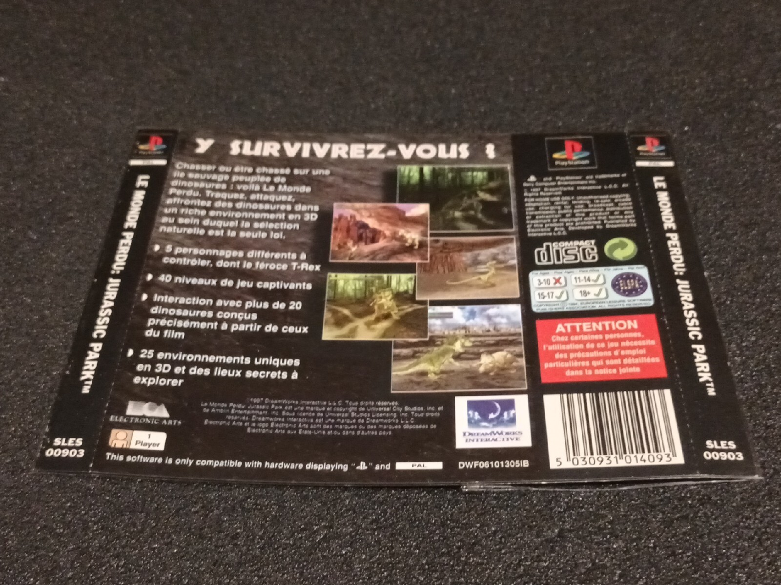Jaquette cover Arrière PS1 Playstation 1 le monde perdu jurassic park