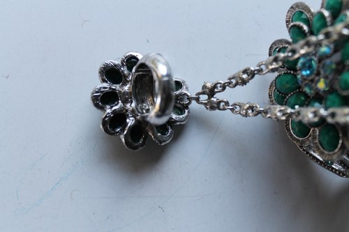Vintage Green and Blue Faux Rhinestone Cuff Bracelet Attached Flower Ring - Picture 3 of 4