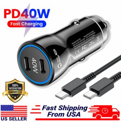 40W Double USB-C Car Fast Charger For Samsung S25 S24 S23 S22 Ultra Type-C Cable