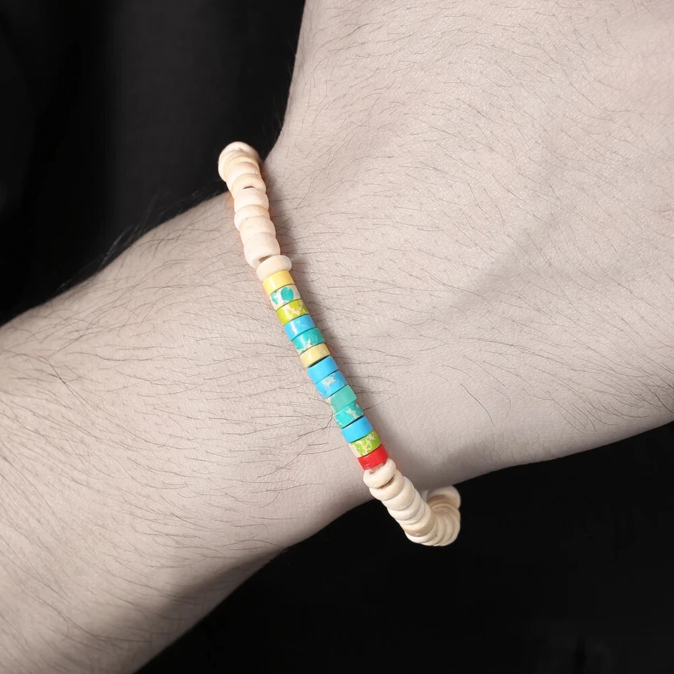 Brazalete Bohemio 3x6mm Turquesa Jaspe Cáscara de Coco Cuentas Yoga Curación Foto 3 de 4