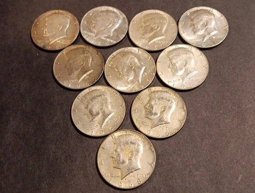 Lot of Ten 1965-69 Kennedy Half Dollars, 40% Silver $5 Face Value
