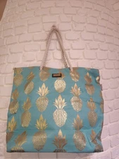 Sun 'N' SAND Turquoise Gold Pineapple Print Lightweight Beach Tote
