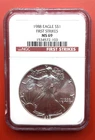 1988 Rare $1 American Silver Eagle NGC MS69 FIRST STRIKES RED LABEL