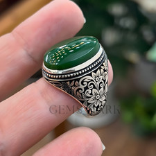 Yemeni Aqeeq, Natural Green Agate, 925 Sterling Silver, Shia Ring