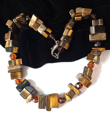 Vintage Chunky Heavy Tiger's Eye Stone Beads Tea Glass Beads Necklace 20''L