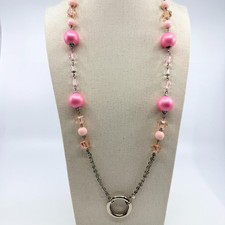 Vintage Y2K Pink Acrylic Faux Pearl & Crystal Long Station Chain Necklace Retro