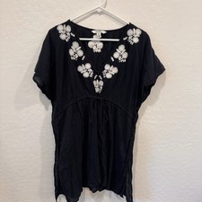 Old Navy Black V-Neck Swim Coverup Womens Medium White Floral Embroidery