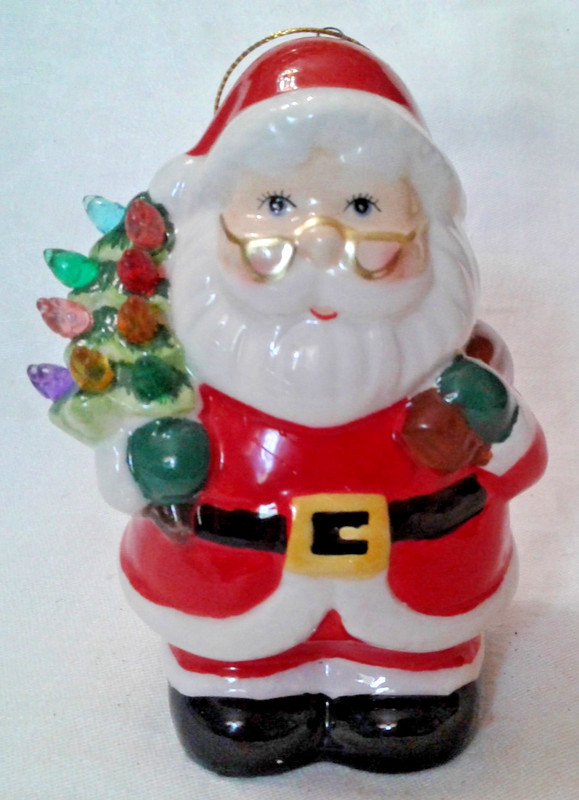 Mr. Christmas Cermanic Santa w/Light Up Tree Ornament - Works