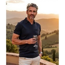 NWT Collars  Co Mens Bellagio Merino Wool Short Sleeve Buttonless Polo Navy XL