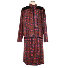Vtg Oscar de la Renta Miss O Skirt Suit Floral Brown Plaid Velvet Trim Women 8