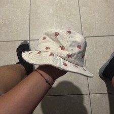 Strawberry Print White Cotton Bucket Hat - One Size