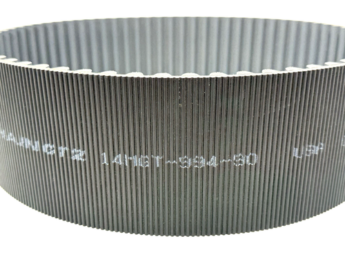 Black GATES 14MGT-994-90 poly chain belt with ribbed metal ring and white printed specifications on metal housing.