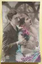 HAND COLORED REAL COUPLE PHOTOGRAPH VINTAGE POSTCARD MADE IN FRANCE #2