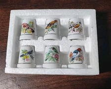 Vintage Porcelain Thimble Set Of 6 Birds & Flowers  Made In Taiwan NEW in box 