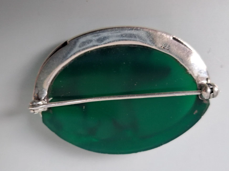 Elegante Spilla, 925 Argento Con Giada Verde E Marcasite, Fenicotteri - Immagine 3 di 4