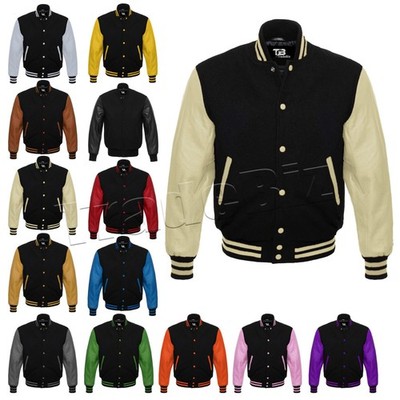 Men's Varsity Bomber Jacket Letterman Baseball College Wool Body Leather Sleeves