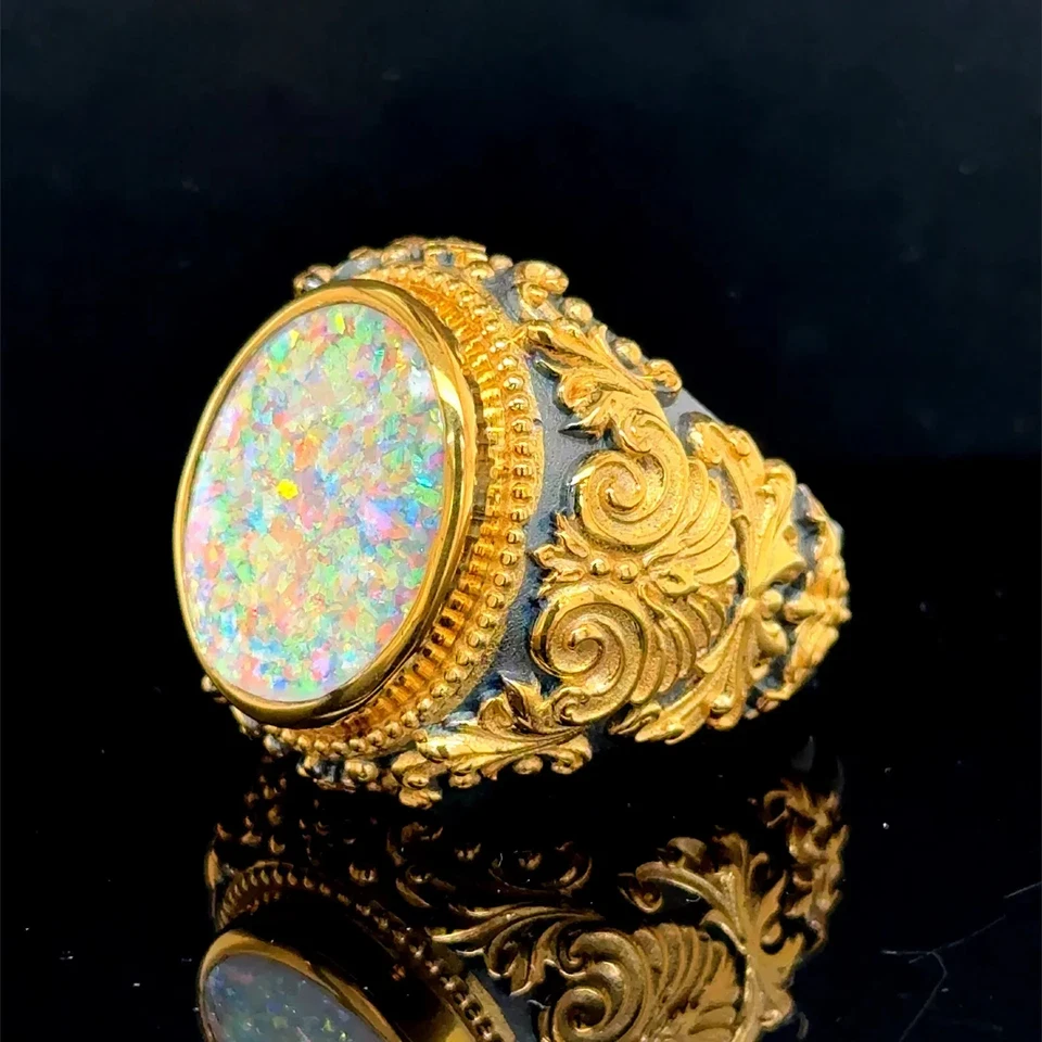 Anillo de ópalo grabado en oro de plata 925 para hombre, anillo de ópalo de oro blanco fuego Foto 2 de 4