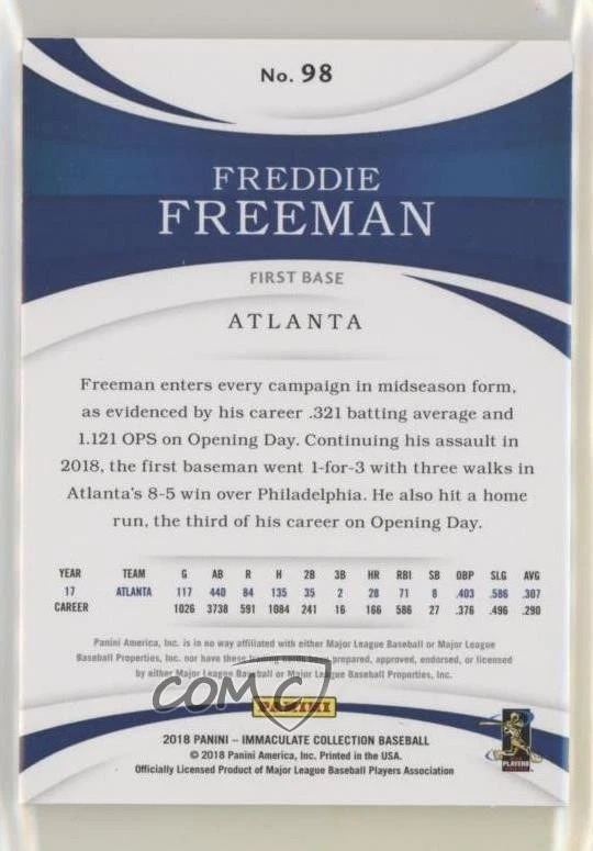 2018 Panini Immaculate /99 Freddie Freeman #98 - Image 2 of 2