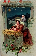 Vintage Postcard A Peaceful Christmas Nativity Manger Jesus Mary Milton, WA KO9