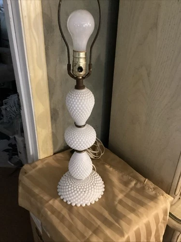 VTG Fenton Milk Glass Hobnail Lamp 24.5” Stacked Globe Table Light