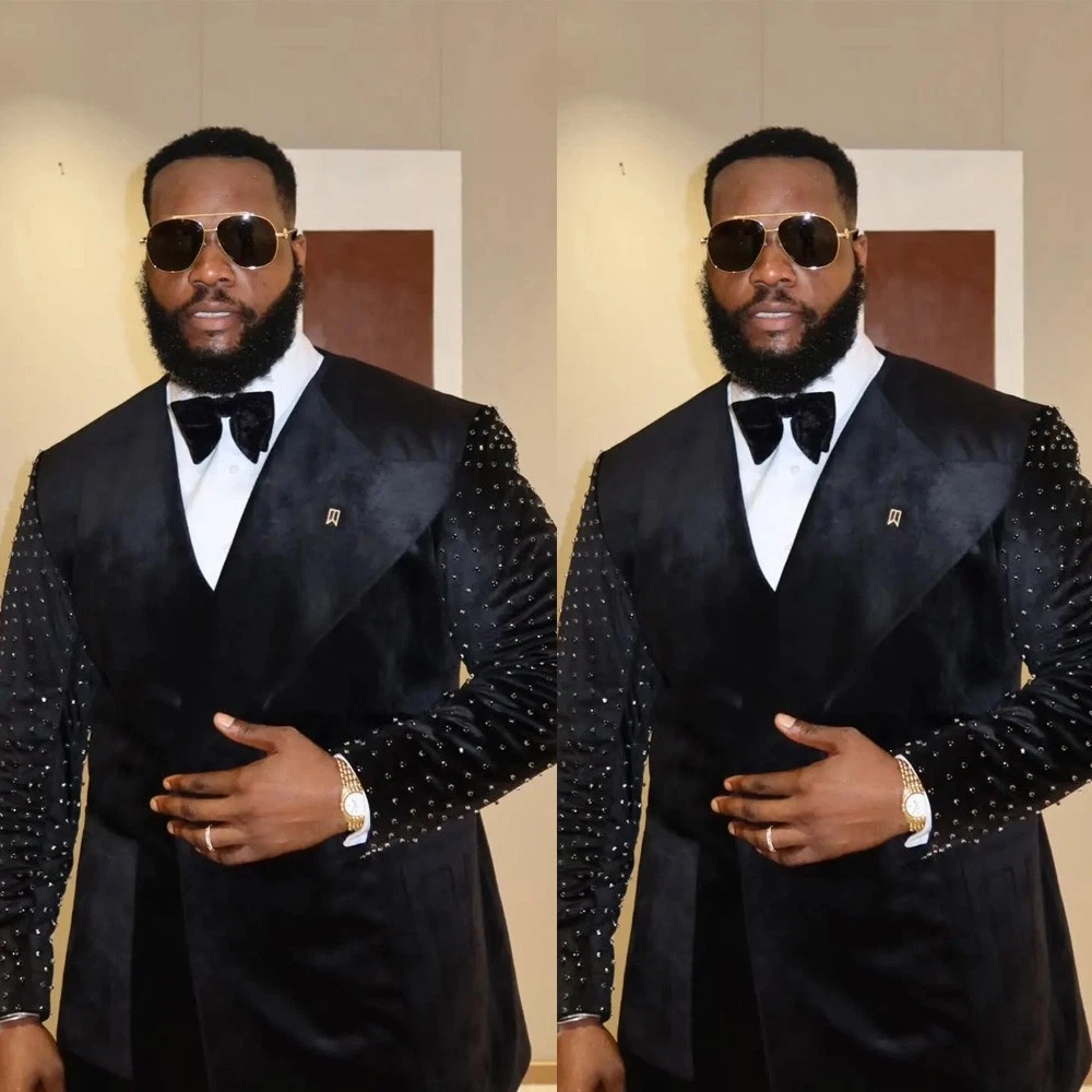 Black Velvet Men's Suits Luxury Beaded Wedding Tuxedos Party Prom Blazer Pant