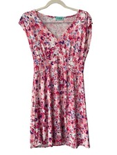 PS Kate Mini Dress Size Small Floral VNeck Empire Waist Pink Purple Boho Cottage