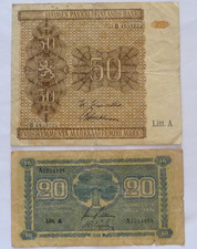 Lot of 2-Finnish, Circulated 1945 LittA Markkaa, 1-20(A7054938) & 1-50(B4859225)
