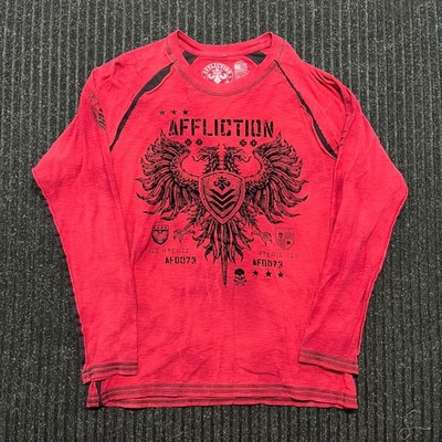Affliction Mens Red Long Sleeve Graphic T-Shirt Double Eagle MMA Skulls Large
