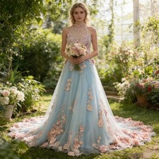 Spring Garden Wedding Dress Customized Pink Floral Lace Applique Halter Backless