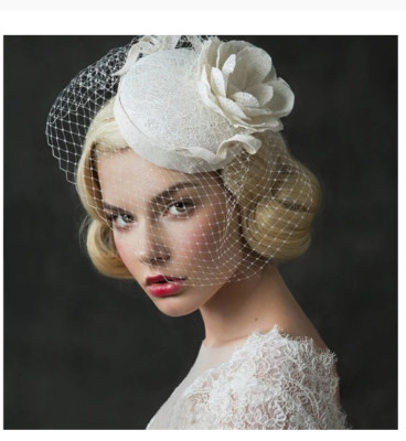 Vintage Wedding Hat And Veil With Beads. Very Beautiful And Classic. 2650-bridal-pillbox-hat-  main image 2