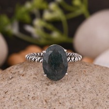 Twisted band ring in moss agate gemstone 925 silver oval gemstone ring oxidized