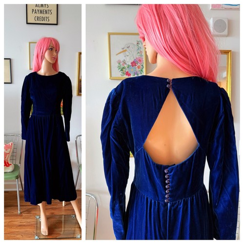 ๐ฎ Vintage 80s Lanz 100% Rayon Blue Velvet Party Prom Backless Gown Dress M