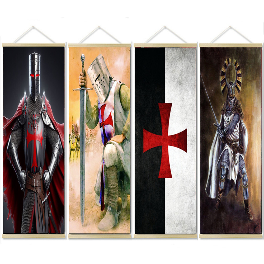 4 PCS Armor Warrior Hanging Flag Scroll Painting Knights Templar Wall Art Poster