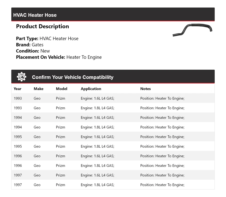 适用于 1993 - 1997 Geo Prizm HVAC 加热器软管加热器到发动机门 1994 1996 — 第 2/4 张图片