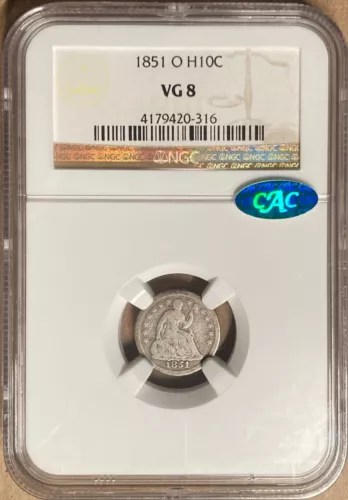 1851-O NGC & CAC VG 8 Liberty Seated Half Dime H10c - New Orleans Mint