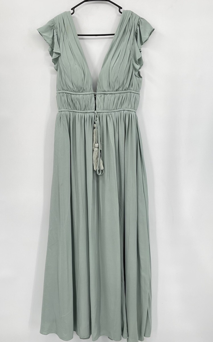 JJs House Bridesmaid Dress Full length with slit sage green v neck