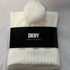 DKNY Logo Women's 2 Piece Set Knit Pom Pom Beanie Hat And Scarf Off White Cream