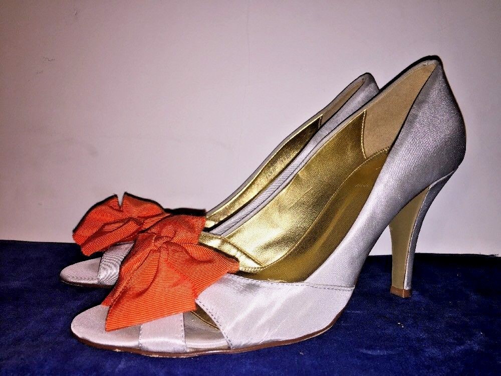 J CREW Silver Silky Shine Orange Bow Peep Toe High Heels Pumps Womens Shoes  Sz