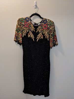 stenay beaded silk dress VTG Size 12 Tight Black Floral Leaf w/Bead Sequin Pearls Gold Size:UK 5 / EU 38 / US 7 Size Large breezy Unique Snowflake Tulle Floral