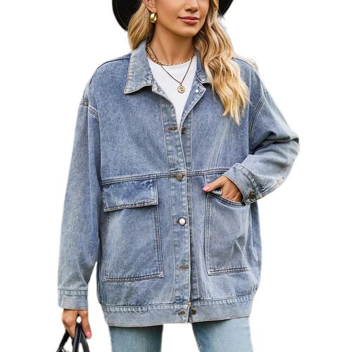 Women Jean Jacket Long Sleeve Light Washed Button Down Oversized Bagg Denim Coat