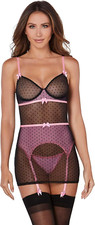 Dreamgirl womens Flocked Pin Dot Stretch Mesh Garter Slip Black/Pink XLarge