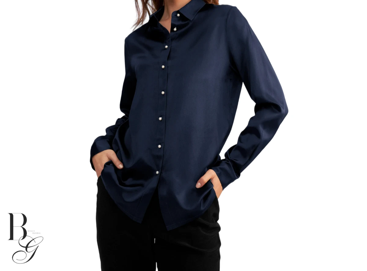 Navy blue top silk shirt womens