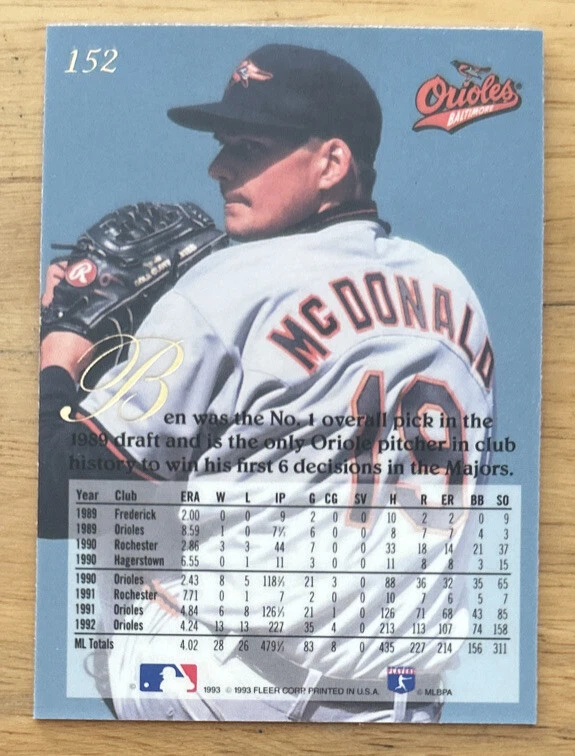 1993 Fleer Flair Ben McDonald Baseball Card #152 Orioles High Grade NM - Image 2 of 2