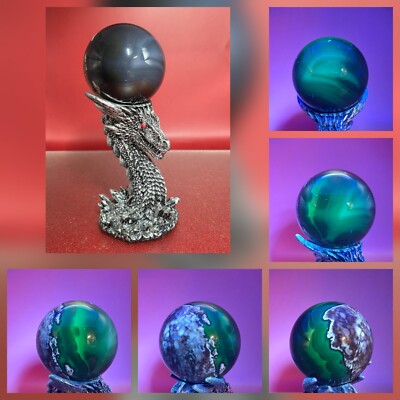 UV Fluorescent Volcano Agate Sphere With Dragon Stand Quartz Crystal Healing 314