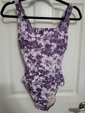 Kona Sol Womens Scoop Neck Classic One Piece Swimsuit Purple Floral -Choose Size