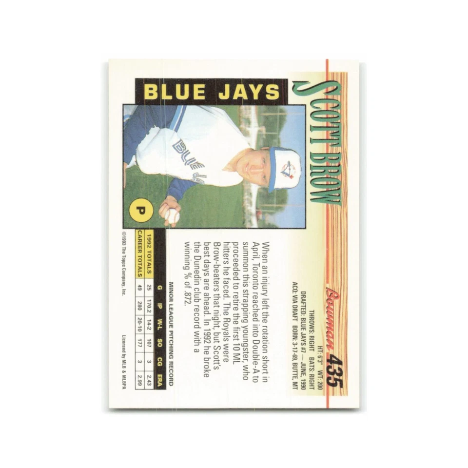 Scott Brow Rookie 1993 Bowman #435 Toronto Blue Jays Baseball Card NM - Image 2 of 3