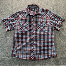 Wrangler Western Shirts Mens XL Blue Red Plaid Short Sleeve Pearl Snap