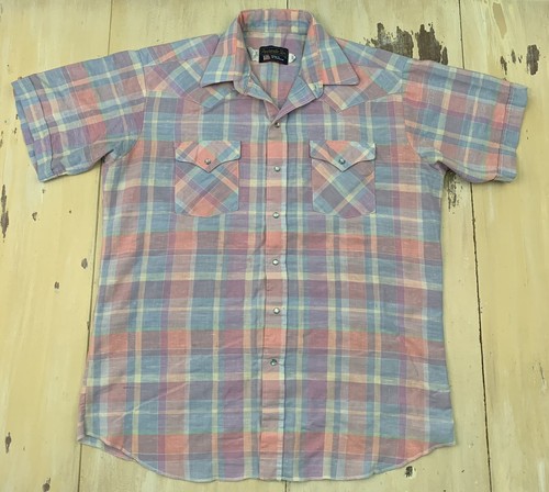 PANHANDLE SLIM: Vtg Pink Blue Pastel Plaid Pearl Snap Cowboy Shirt, Mens L/XL 17 - 第 1/12 張圖片