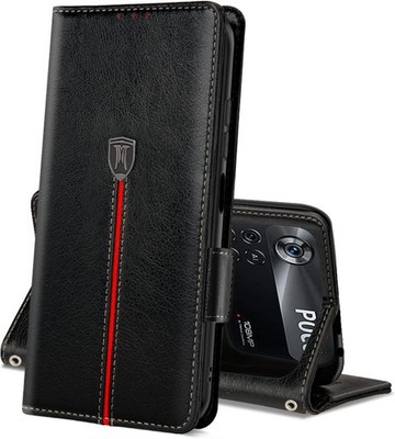 FLIP CASE FÜR XIAOMI POCO X4 PRO PU-LEDER SCHWARZ MIT ROTEN STREIFEN